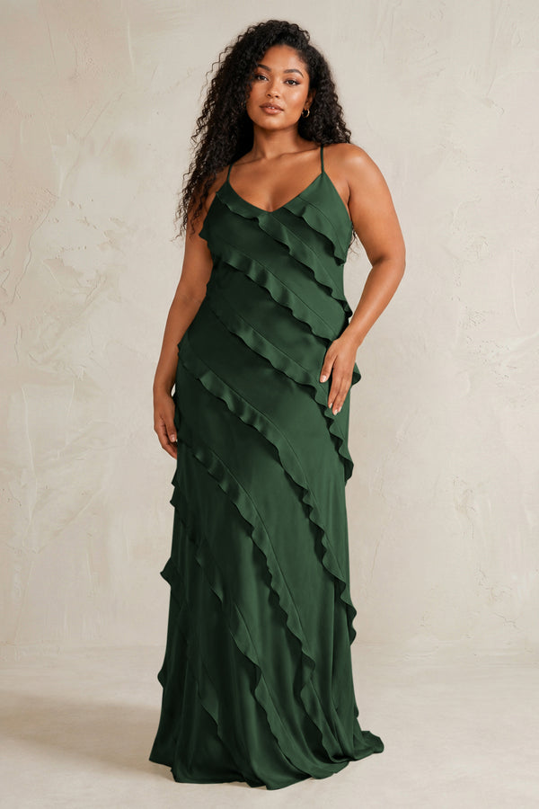 Moss Spaghetti Straps Sheath Stain Ruffled Bridesmaid Dress (3) | KISSBRIDAL[sizeplus]
