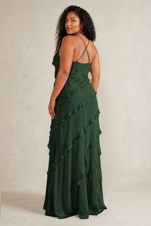 Moss Spaghetti Straps Sheath Stain Ruffled Bridesmaid Dress (4) | KISSBRIDAL[sizeplus]