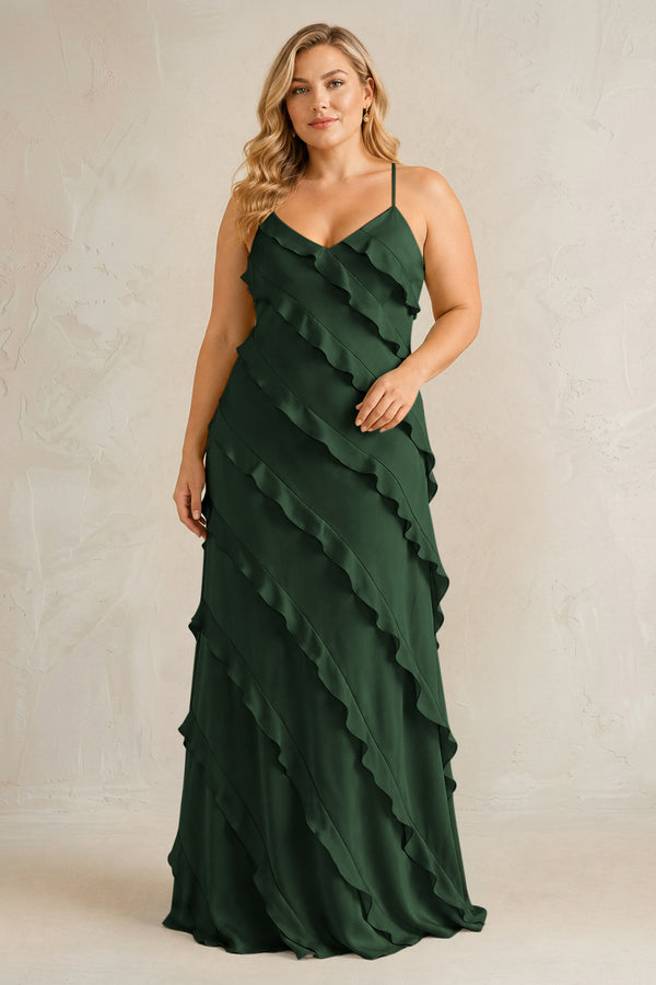 Moss Spaghetti Straps Sheath Stain Ruffled Bridesmaid Dress | KISSBRIDAL[sizeplus]