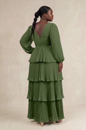 Moss V-Neck Tiered A-Line Long Sleeve Bridesmaid Dress (2) [sizeplus] | KISSBRIDAL