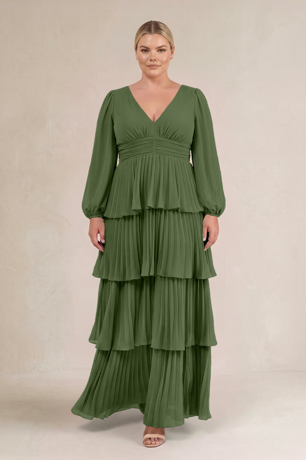 Moss V-Neck Tiered A-Line Long Sleeve Bridesmaid Dress (3) [sizeplus] | KISSBRIDAL