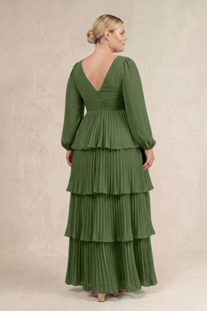 Moss V-Neck Tiered A-Line Long Sleeve Bridesmaid Dress (4) [sizeplus] | KISSBRIDAL