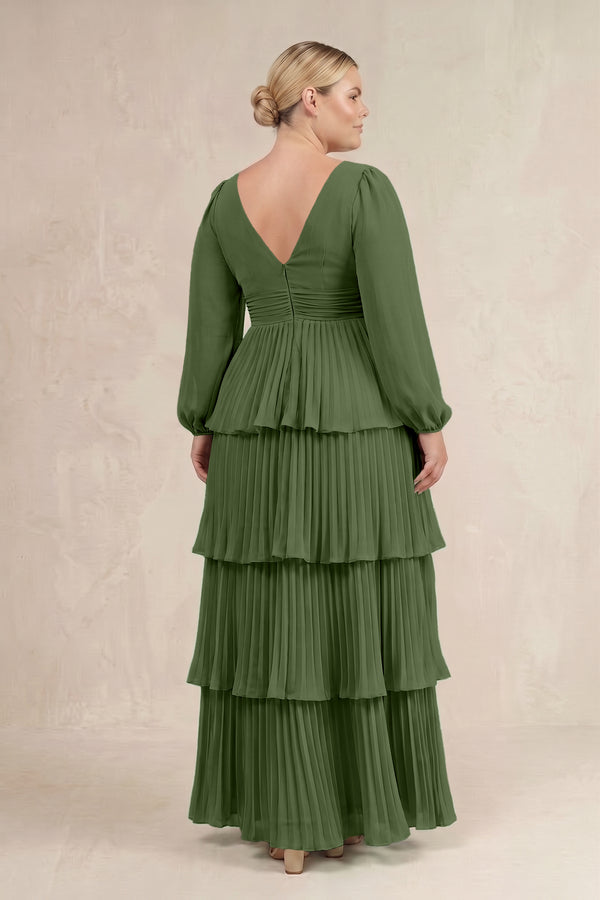 Moss V-Neck Tiered A-Line Long Sleeve Bridesmaid Dress (4) [sizeplus] | KISSBRIDAL