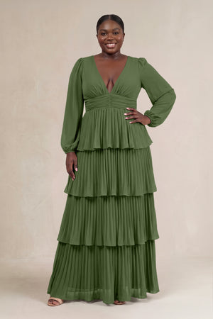 Moss V-Neck Tiered A-Line Long Sleeve Bridesmaid Dress [sizeplus] | KISSBRIDAL