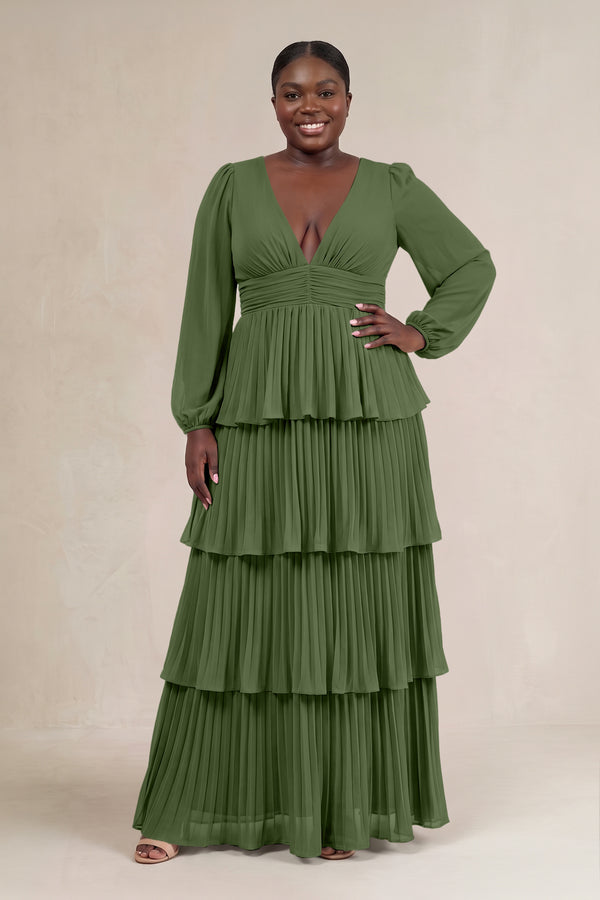 Moss V-Neck Tiered A-Line Long Sleeve Bridesmaid Dress [sizeplus] | KISSBRIDAL