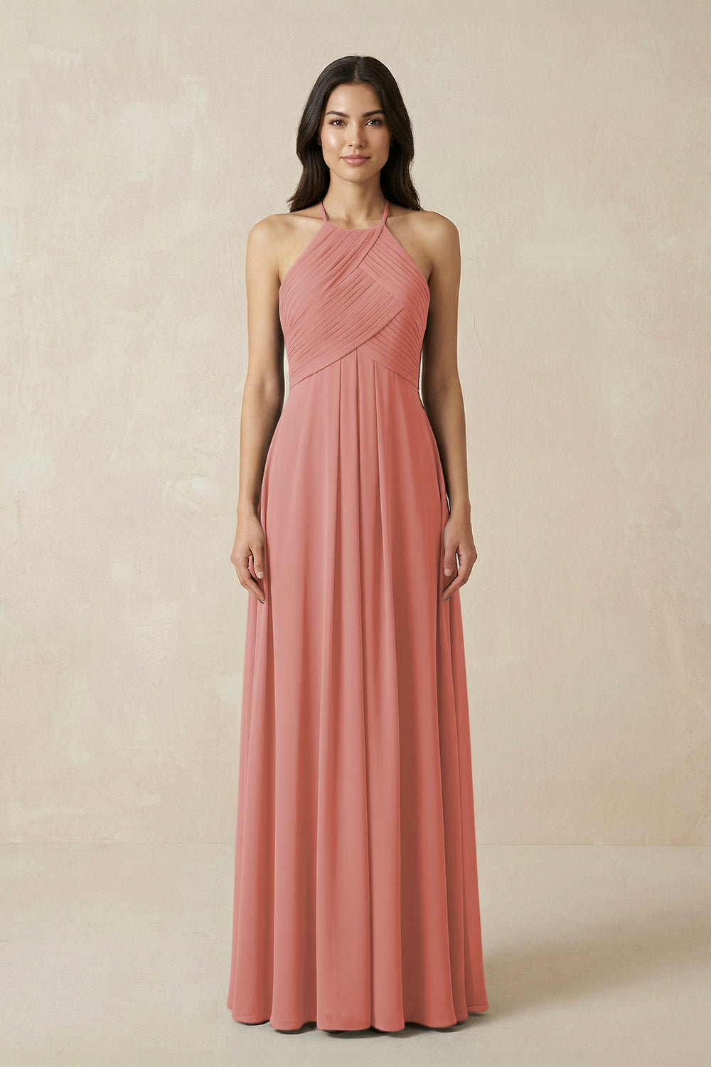 A-Line Halter Neck Pleated Chiffon Bridesmaid Dress in Mulberry