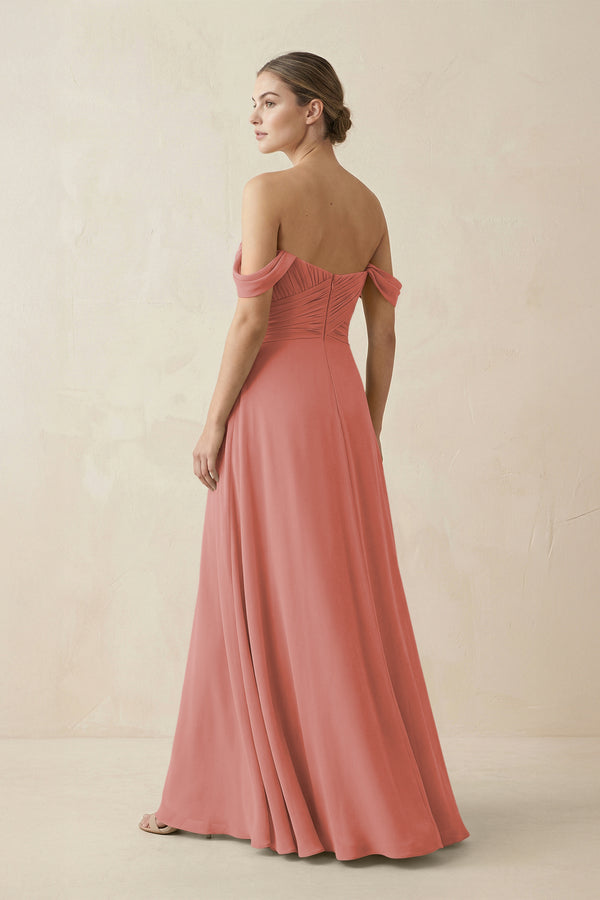 Mulberry A-Line Off-the-Shoulder Chiffon Bridesmaid Dress (2) | KISSBRIDAL