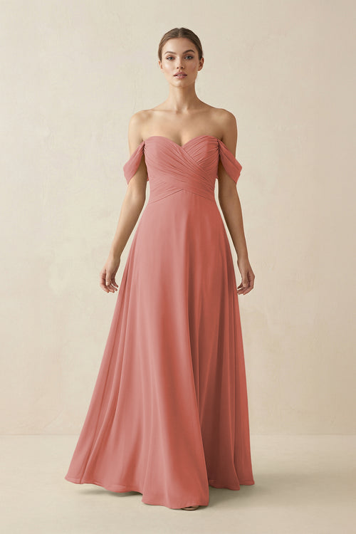 Mulberry A-Line Off-the-Shoulder Chiffon Bridesmaid Dress | KISSBRIDAL