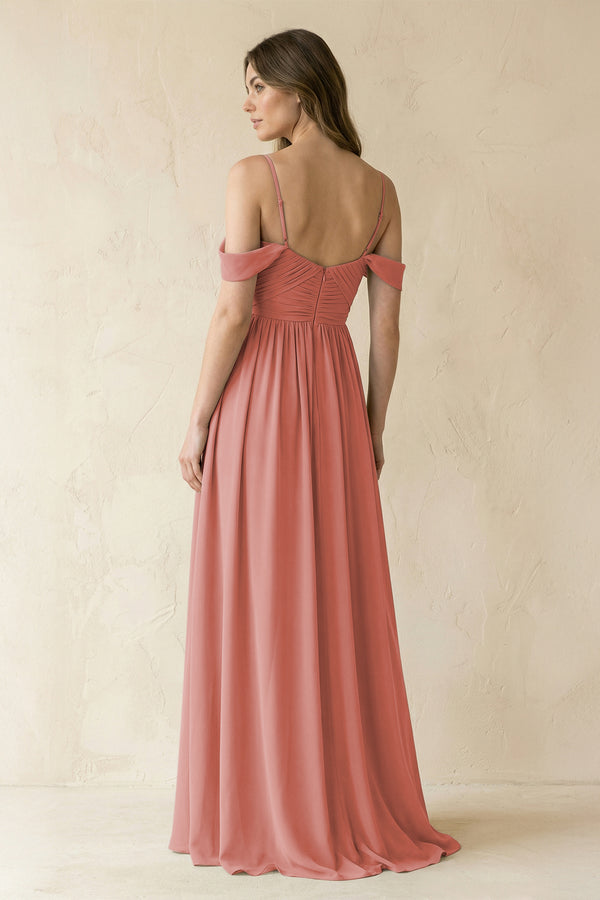 Mulberry A-Line Off-the-Shoulder Pleated Chiffon Bridesmaid Dress (2) | KISSBRIDAL