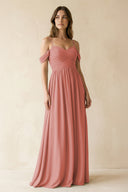 Mulberry A-Line Off-the-Shoulder Pleated Chiffon Bridesmaid Dress | KISSBRIDAL