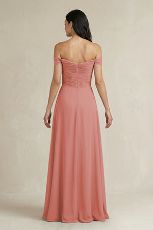 Mulberry A-Line Pleated Off-the-Shoulder Chiffon Bridesmaid Dress (2) | KISSBRIDAL