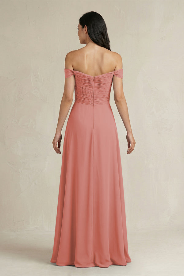 Mulberry A-Line Pleated Off-the-Shoulder Chiffon Bridesmaid Dress (2) | KISSBRIDAL