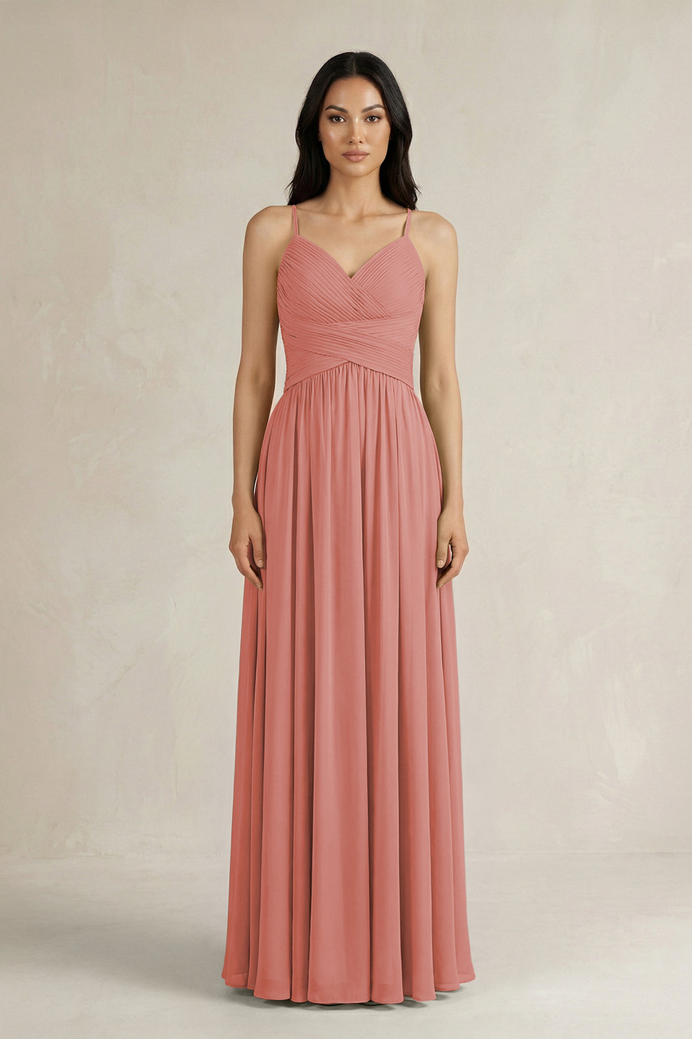 A-Line Pleated Spaghetti Strap Chiffon Bridesmaid Dress in Mulberry