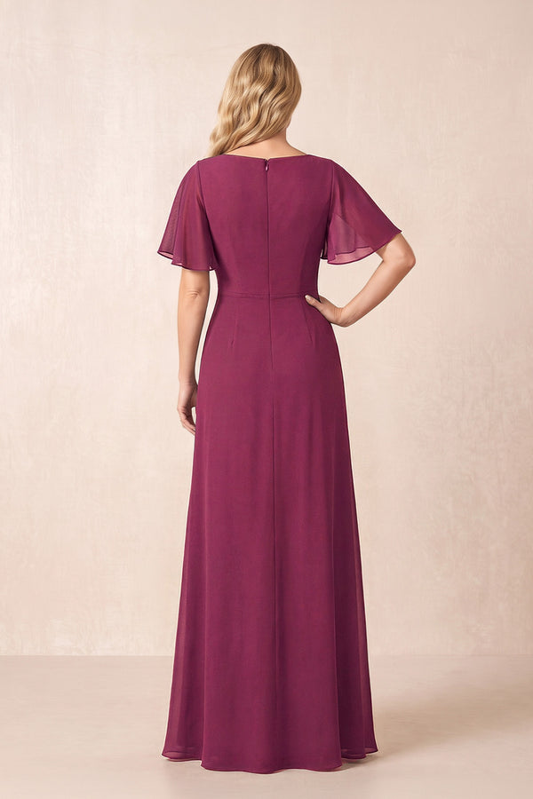 Mulberry A-Line Ruched Chiffon Mother of the Bride Dress with Ruffled Sleeves (2) | KISSBRIDAL