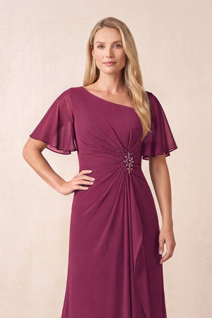Mulberry A-Line Ruched Chiffon Mother of the Bride Dress with Ruffled Sleeves (3) | KISSBRIDAL