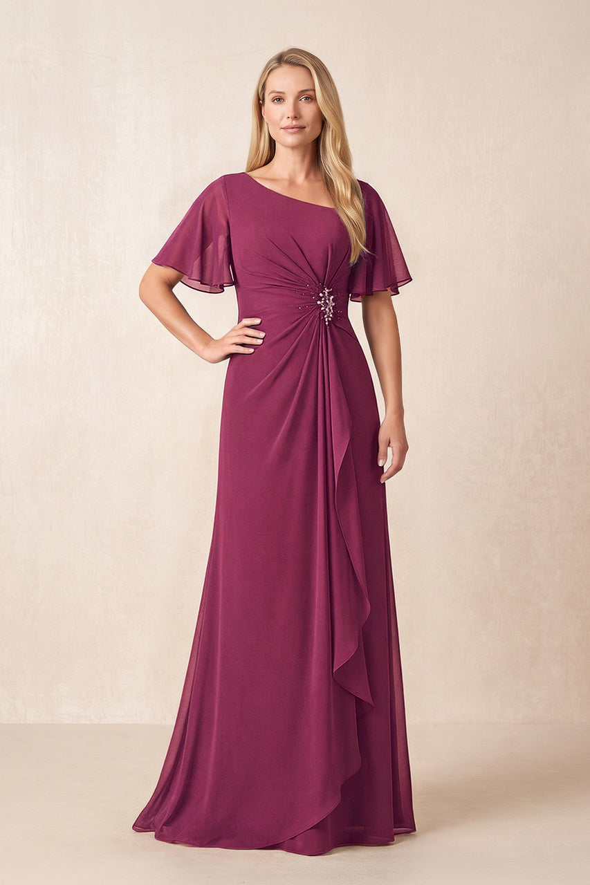 Mulberry Purple A-Line Ruched Chiffon Mother of the Bride Dress with Ruffled Sleeves