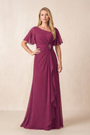 Mulberry A-Line Ruched Chiffon Mother of the Bride Dress with Ruffled Sleeves | KISSBRIDAL