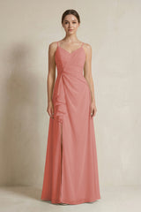 Mulberry A-Line Ruffled Spaghetti Strap Chiffon Bridesmaid Dress | KISSBRIDAL