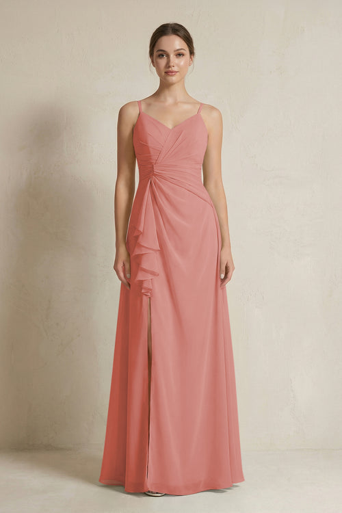 Mulberry A-Line Ruffled Spaghetti Strap Chiffon Bridesmaid Dress | KISSBRIDAL