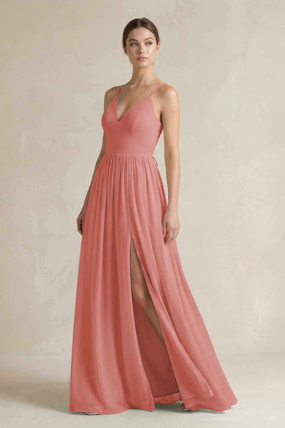 A-Line Spaghetti Strap Chiffon Bridesmaid Dress in Mulberry