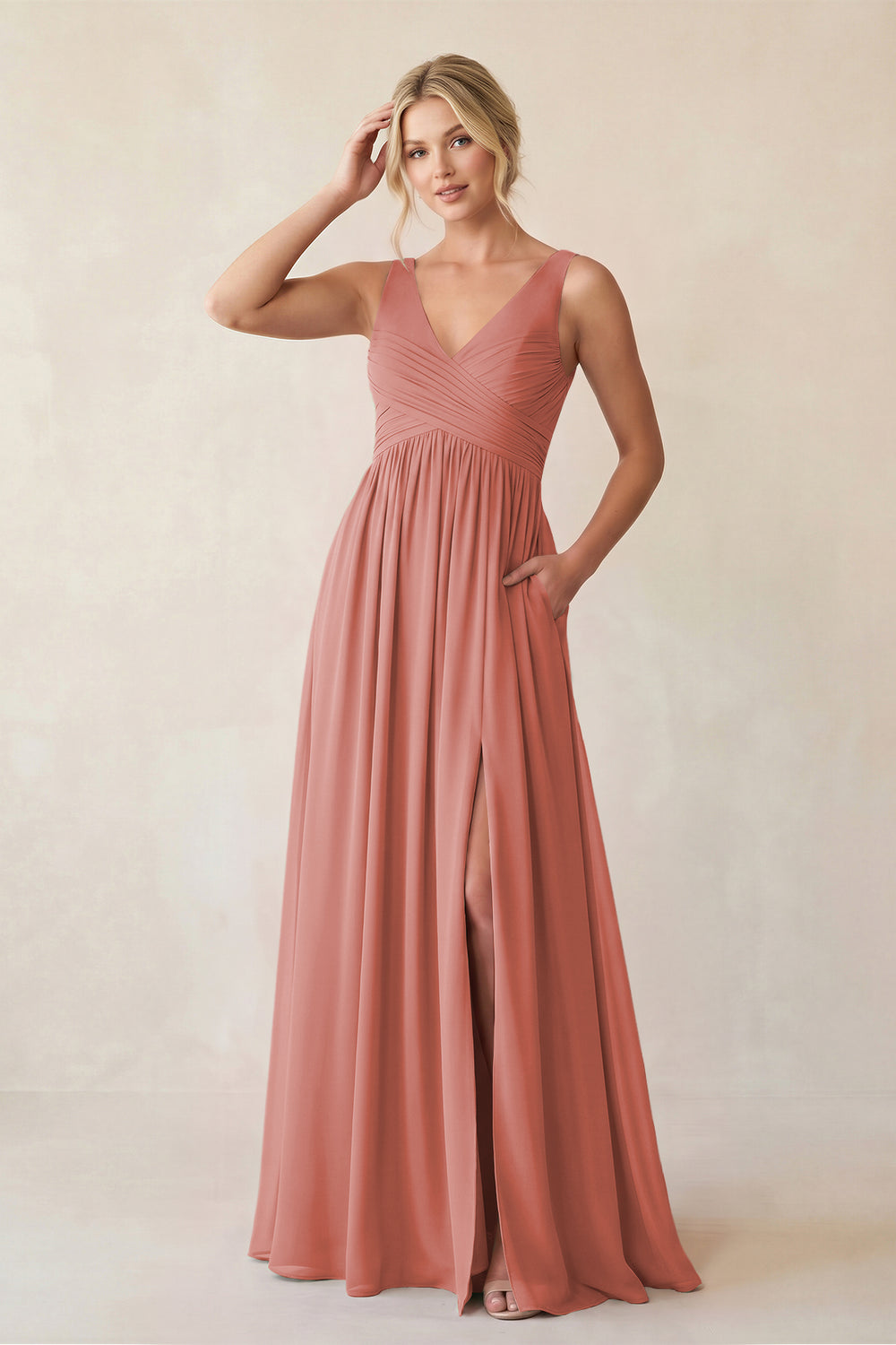 A-Line V-Neck Pleated Chiffon Bridesmaid Dress in Mulberry