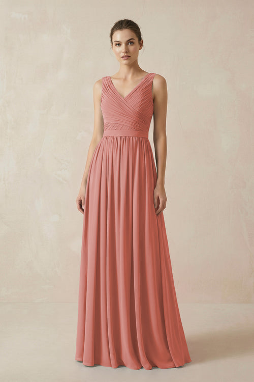 Mulberry A-Line V-Neck Pleated Chiffon Bridesmaid Dress | KISSBRIDAL
