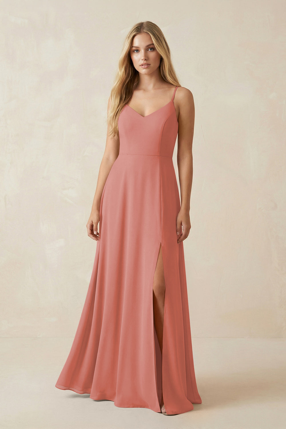 Cami Strap A-Line Chiffon Bridesmaid Dress with Slit in Mulberry