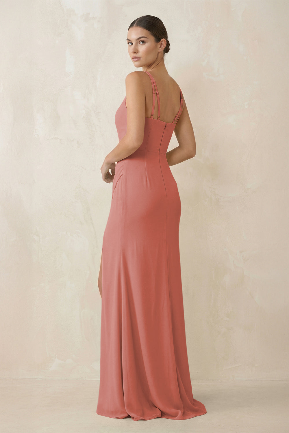 Cami Strap Chiffon Sheath Bridesmaid Gown in Mulberry