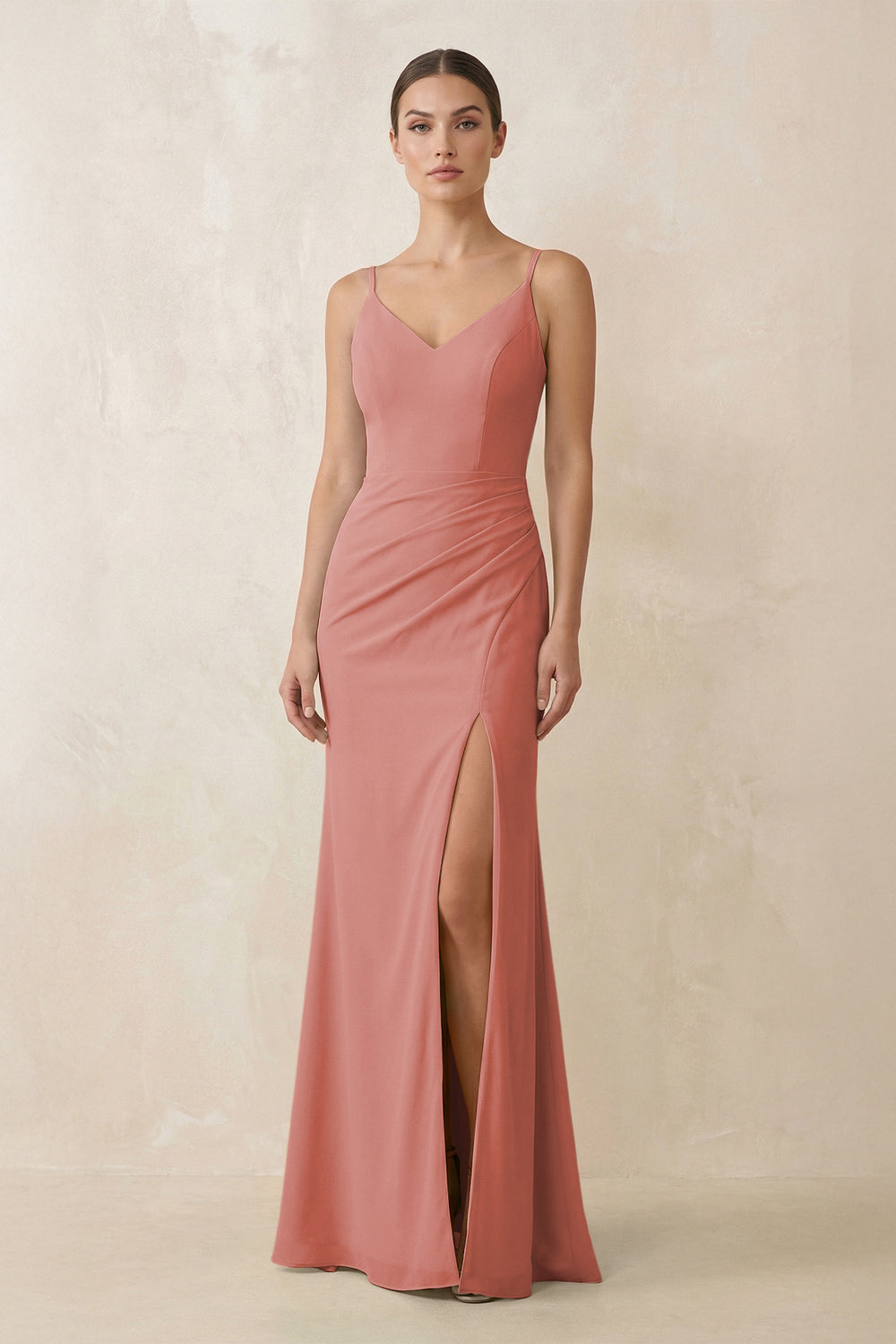 Cami Strap Chiffon Sheath Bridesmaid Gown in Mulberry