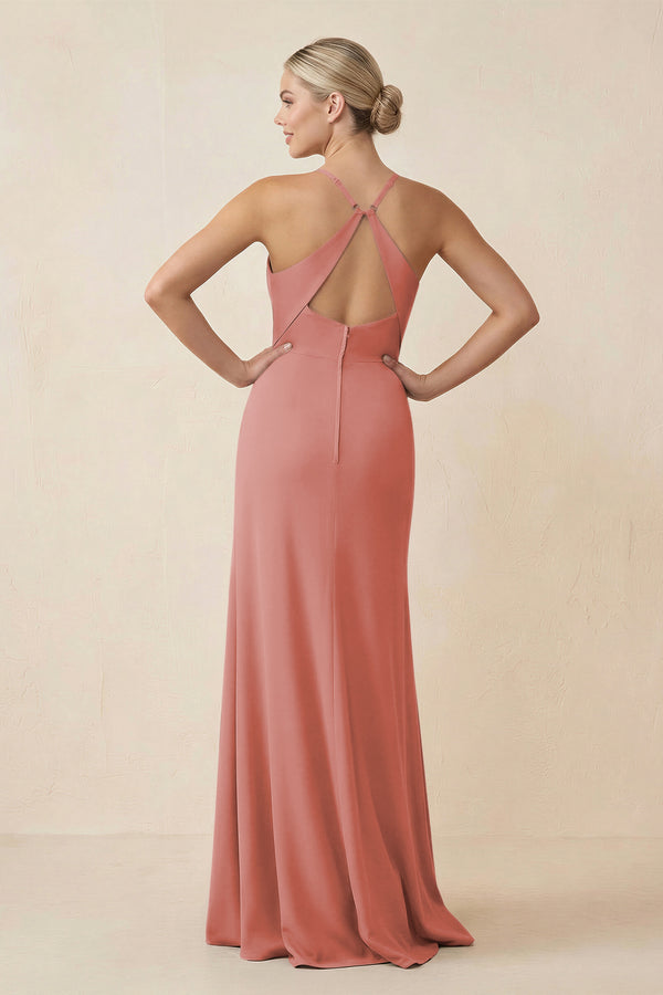 Mulberry Cami Strap Sheath Ruched Bridesmaid Dress With Slit (2) | KISSBRIDAL