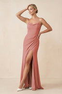 Mulberry Cami Strap Sheath Ruched Bridesmaid Dress With Slit | KISSBRIDAL