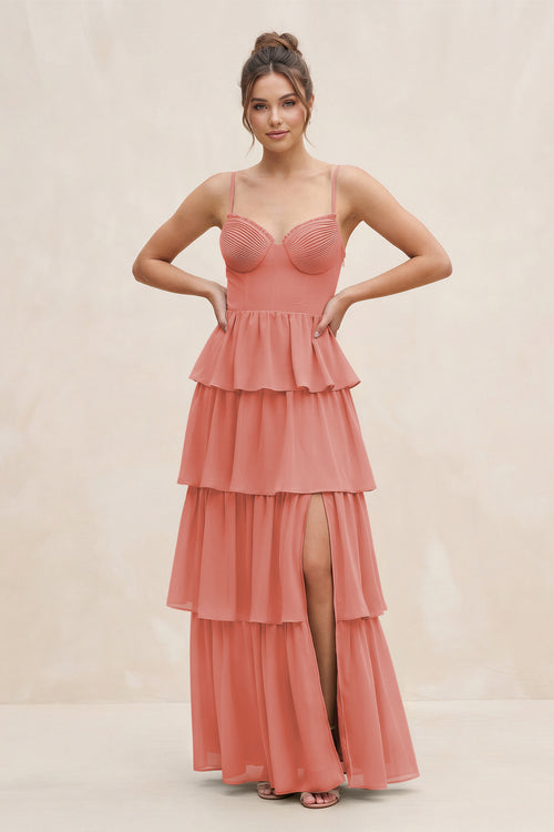 Mulberry Cami Strap Tiered A-Line Chiffon Bridesmaid Dress | KISSBRIDAL