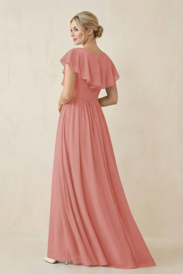 Mulberry Cap Sleeve A-Line Ruffled Chiffon Bridesmaid Dress (2) | KISSBRIDAL