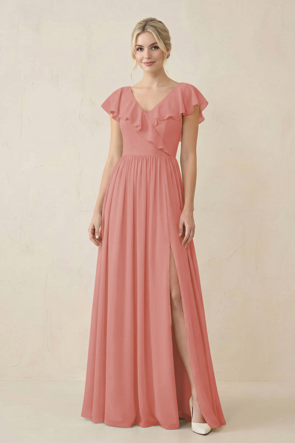 Cap Sleeve A-Line Ruffled Chiffon Bridesmaid Dress in Mulberry
