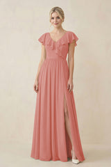 Mulberry Cap Sleeve A-Line Ruffled Chiffon Bridesmaid Dress | KISSBRIDAL