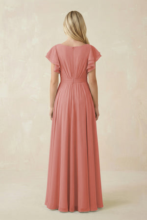 Mulberry Cap Sleeve Ruffled A-Line Chiffon Bridesmaid Dress (2) | KISSBRIDAL
