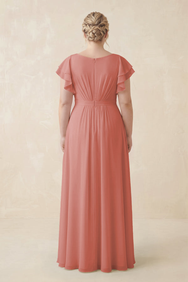 Mulberry Cap Sleeve Ruffled A-Line Chiffon Bridesmaid Dress (2) | KISSBRIDAL