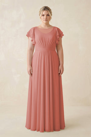 Mulberry Cap Sleeve Ruffled A-Line Chiffon Bridesmaid Dress | KISSBRIDAL