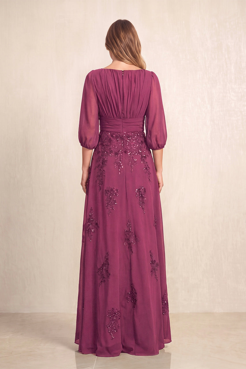 Mulberry Purple Chiffon A-Line Embroidered Boat Neck Long Mother of the Bride Dress