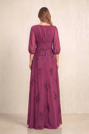 Mulberry Chiffon A-Line Embroidered Boat Neck Long Mother of the Bride Dress (2) | KISSBRIDAL