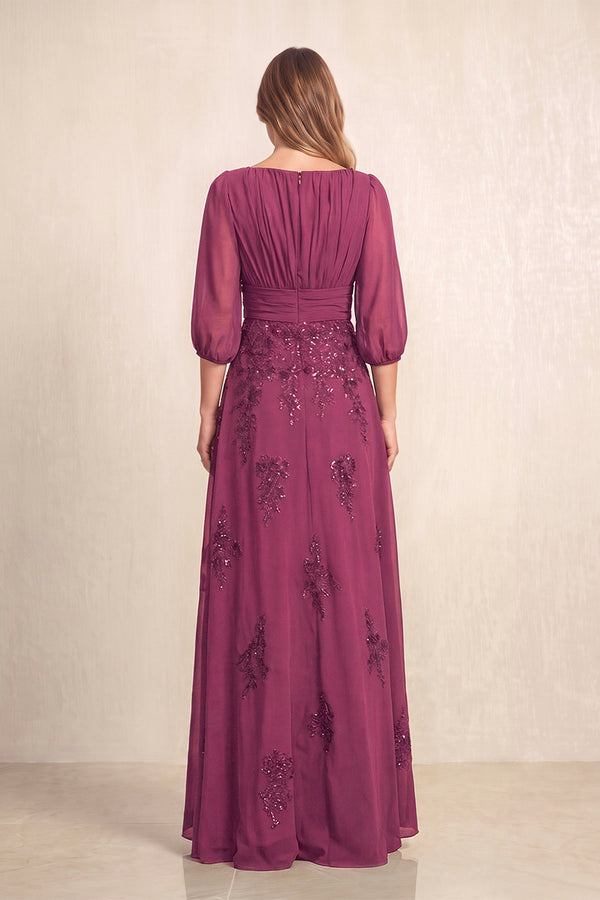 Mulberry Chiffon A-Line Embroidered Boat Neck Long Mother of the Bride Dress (2) | KISSBRIDAL