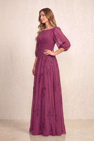 Mulberry Chiffon A-Line Embroidered Boat Neck Long Mother of the Bride Dress (3) | KISSBRIDAL