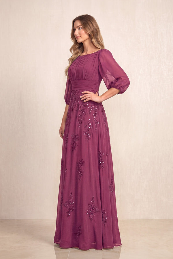 Mulberry Chiffon A-Line Embroidered Boat Neck Long Mother of the Bride Dress (3) | KISSBRIDAL