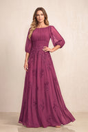 Mulberry Chiffon A-Line Embroidered Boat Neck Long Mother of the Bride Dress | KISSBRIDAL