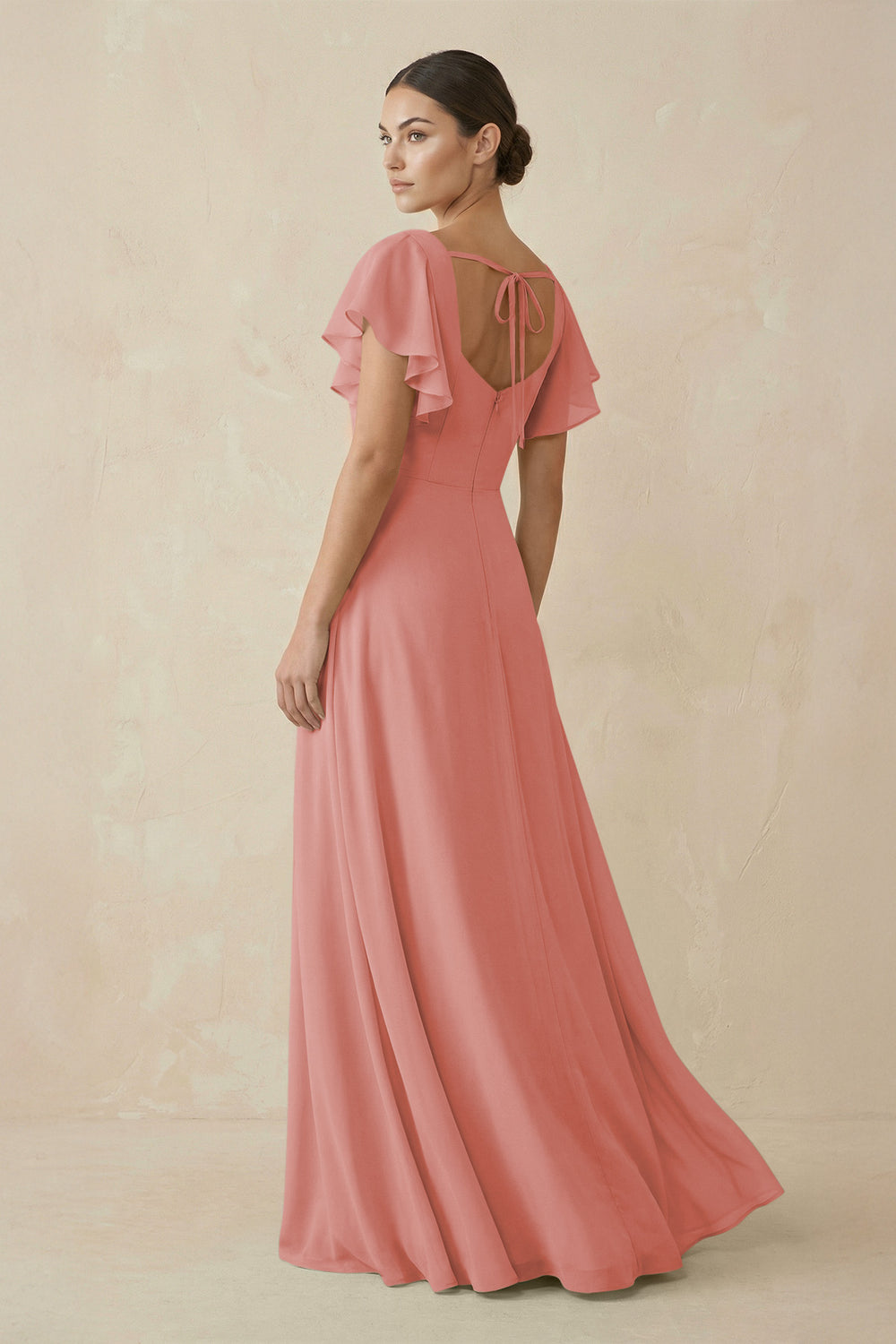 Chiffon A-Line Long Bridesmaid Dress with Flutter Sleeves in Mulberry