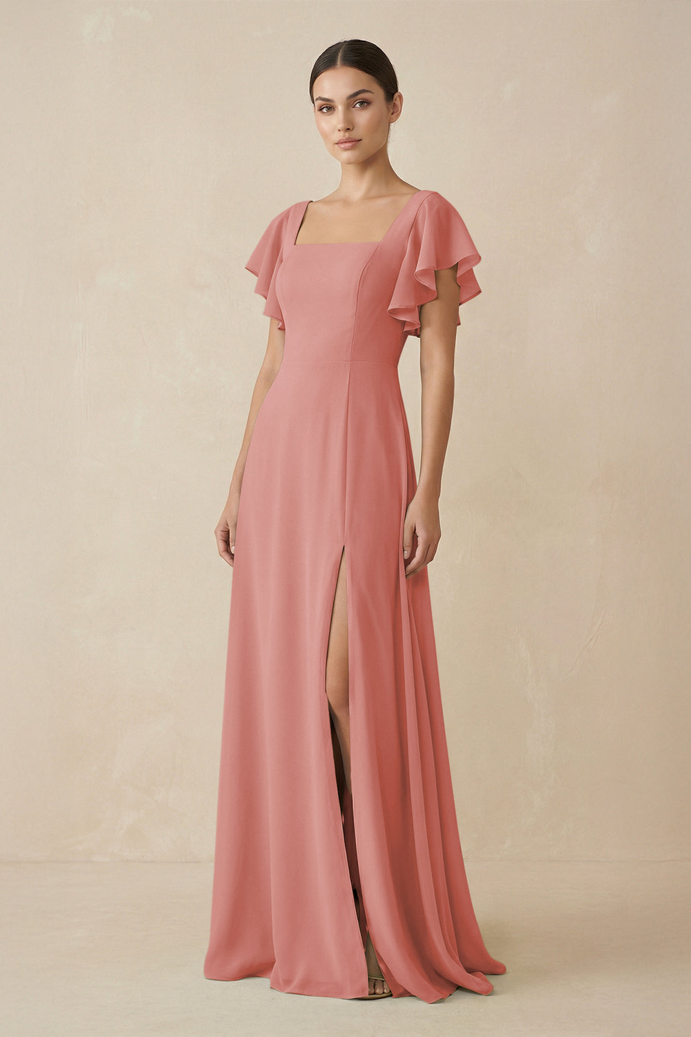 Chiffon A-Line Long Bridesmaid Dress with Flutter Sleeves in Mulberry