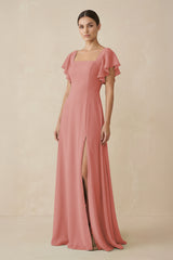 Mulberry Chiffon A-Line Long Bridesmaid Dress with Flutter Sleeves | KISSBRIDAL
