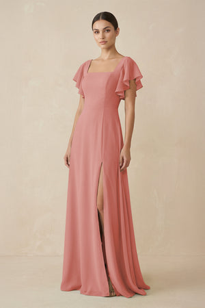 Mulberry Chiffon A-Line Long Bridesmaid Dress with Flutter Sleeves | KISSBRIDAL