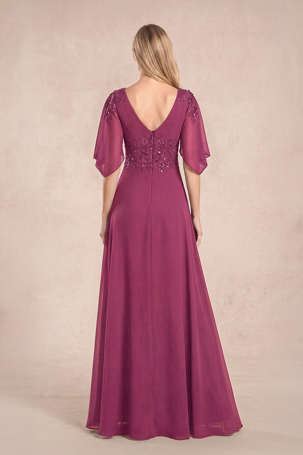 Mulberry Chiffon Lone Sleeves A-Line V-Neck Embroidered Mother of the Bride Dress (2) | KISSBRIDAL