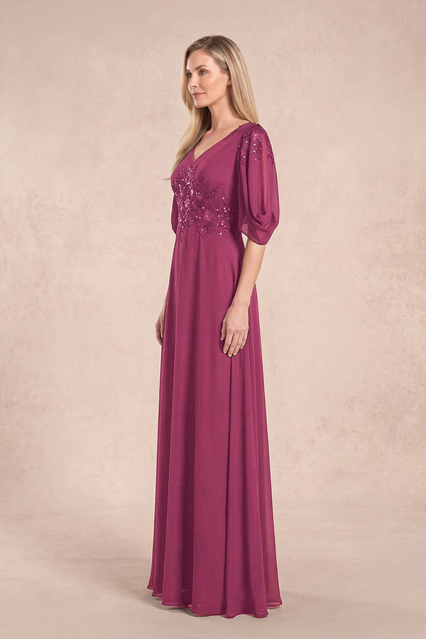 Mulberry Chiffon Lone Sleeves A-Line V-Neck Embroidered Mother of the Bride Dress (3) | KISSBRIDAL